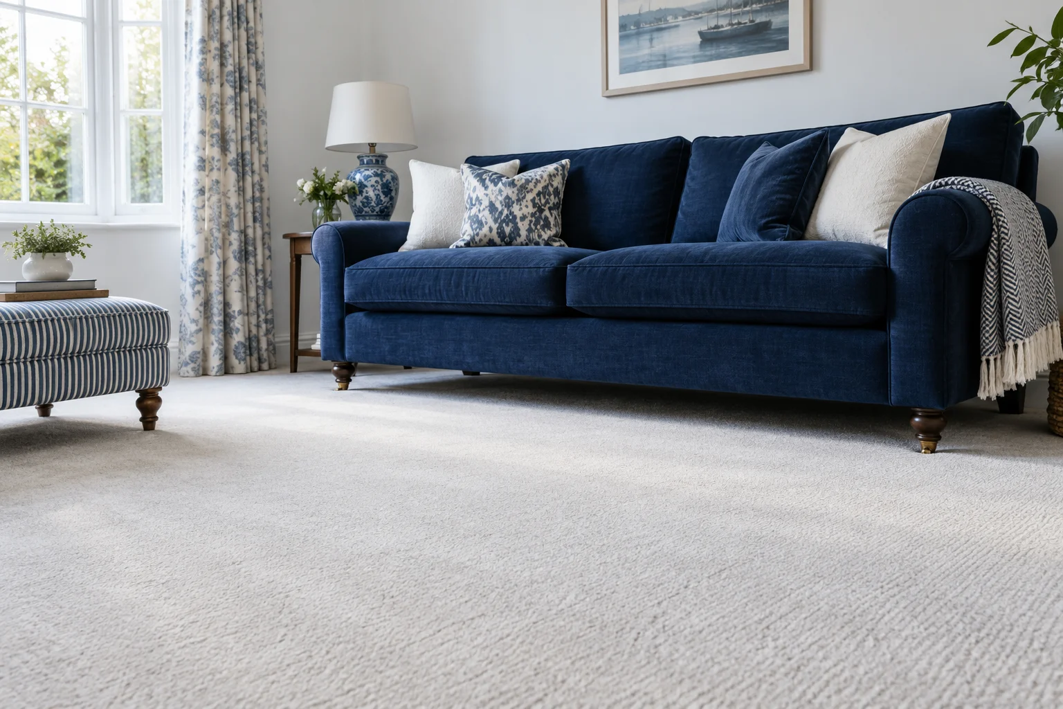 Bright living room with a navy sofa and soft light carpet